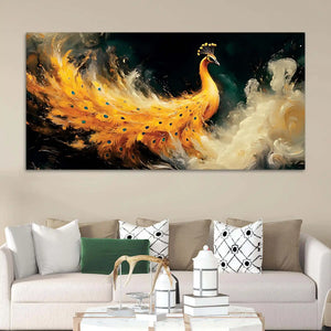 Phenomenal Golden Peacock Rising Through Mist Abstract Canvas Wall Painting
