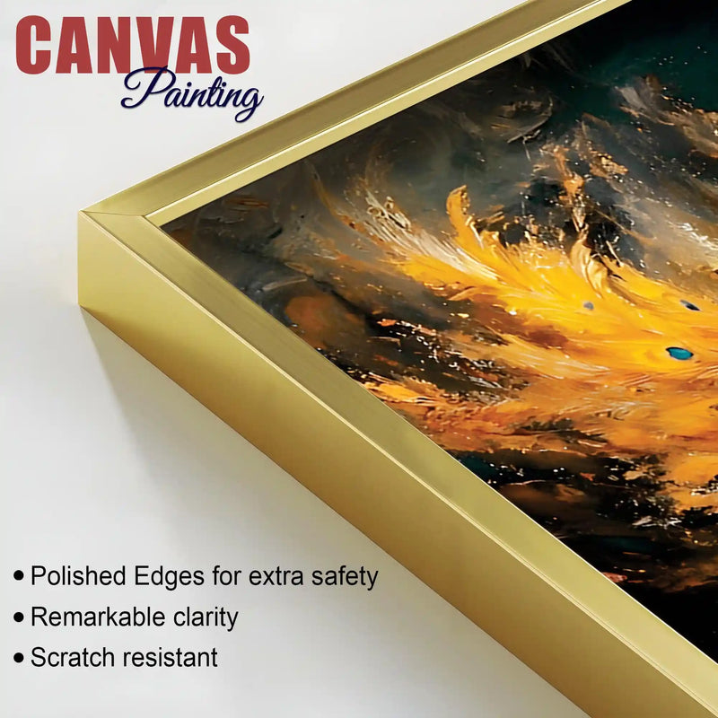 Phenomenal Golden Peacock Rising Through Mist Abstract Canvas Wall Painting