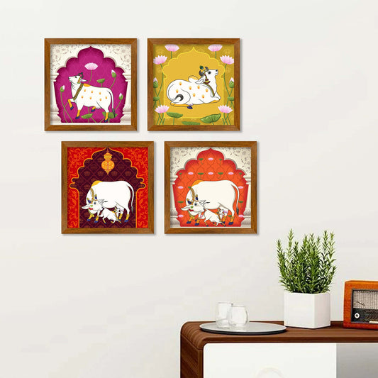 Pichwai Cow Floral Art Premium Wall Frame Set of Four