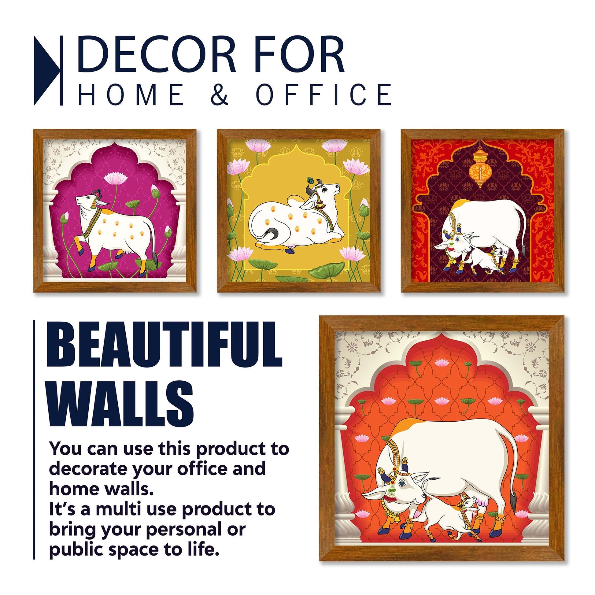 Pichwai Cow Floral Art Premium Wall Frame Set of Four