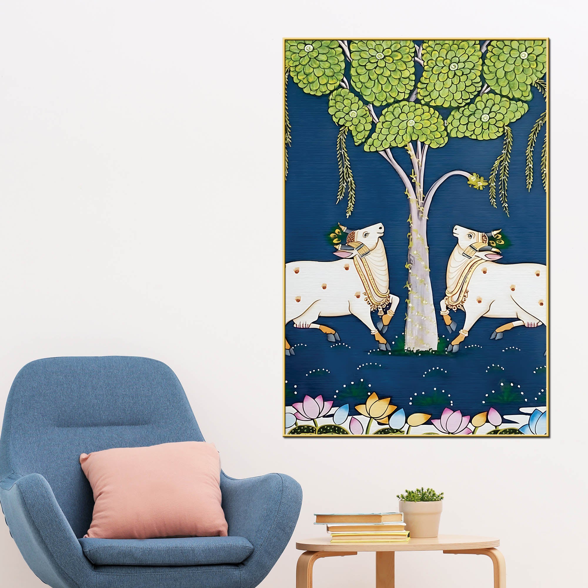 Pichwai Cow Pair Canvas Painting | Traditional Indian Wall Art Decor