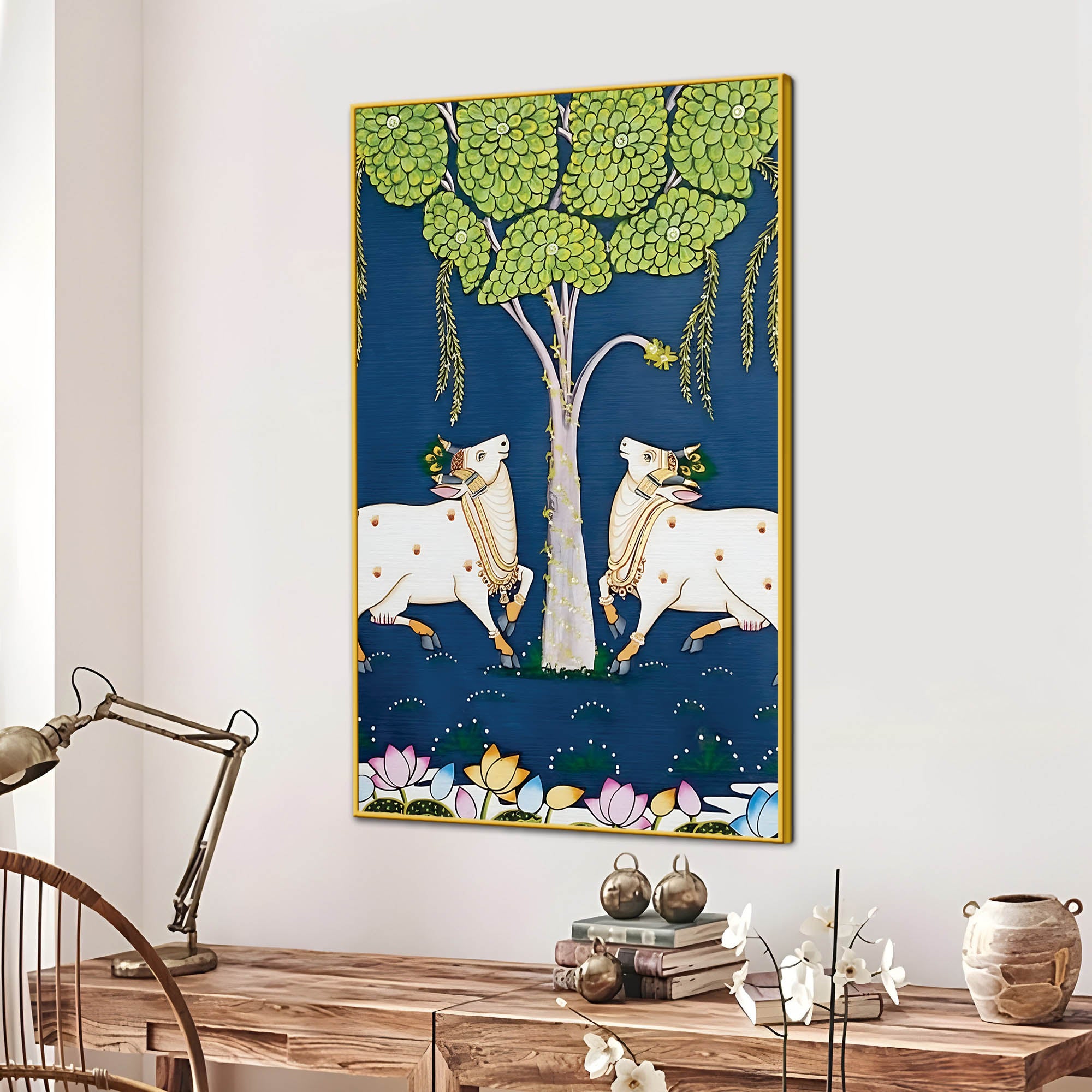 Pichwai Cow Pair Canvas Painting | Traditional Indian Wall Art Decor