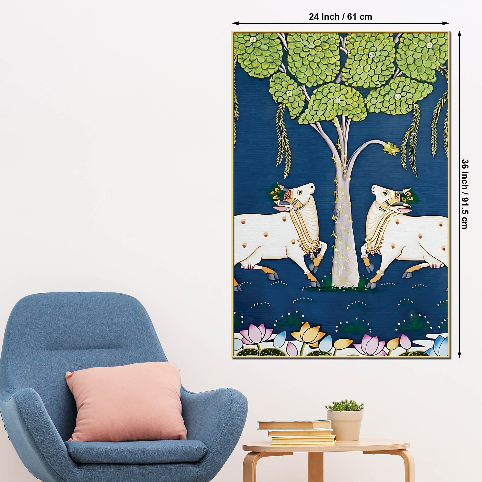 Pichwai Cow Pair Canvas Painting | Traditional Indian Wall Art Decor