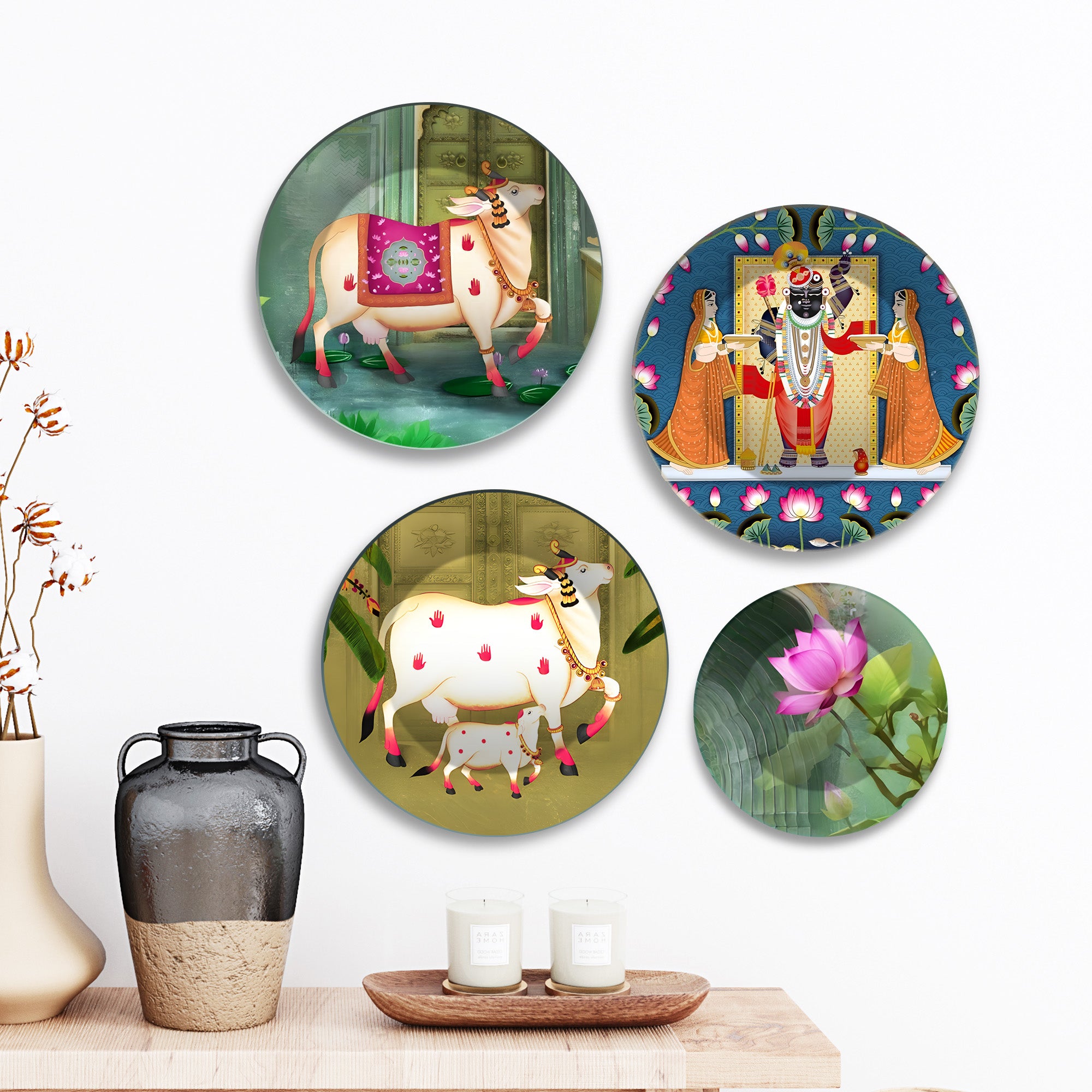 Pichwai Divine Cow & Krishna Premium Wall Plates Painting Set of Four