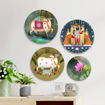 Pichwai Divine Cow & Krishna Premium Wall Plates Painting Set of Four