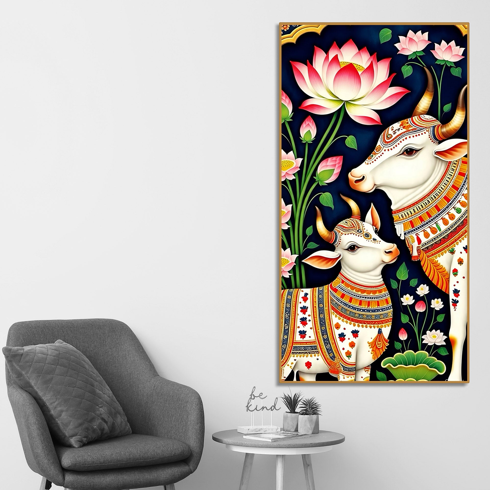Pichwai Gau Mata Cow & Calf Canvas Wall Painting | Traditional Indian Cow Painting for Home