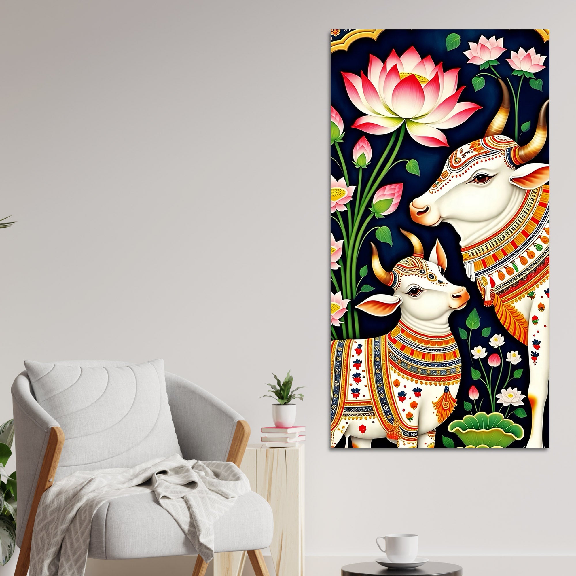 Pichwai Gau Mata Cow & Calf Canvas Wall Painting | Traditional Indian Cow Painting for Home