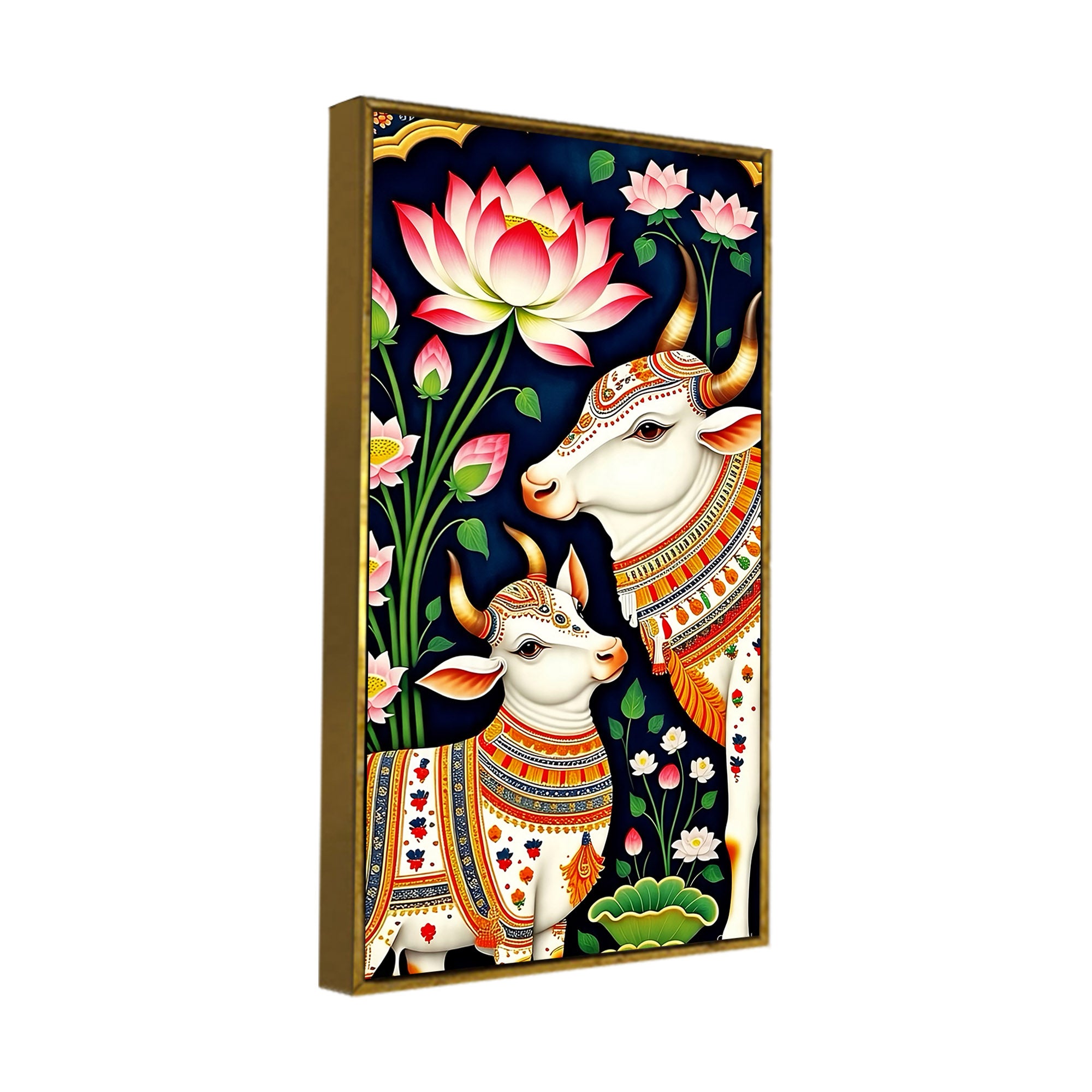 Pichwai Gau Mata Cow & Calf Canvas Wall Painting | Traditional Indian Cow Painting for Home