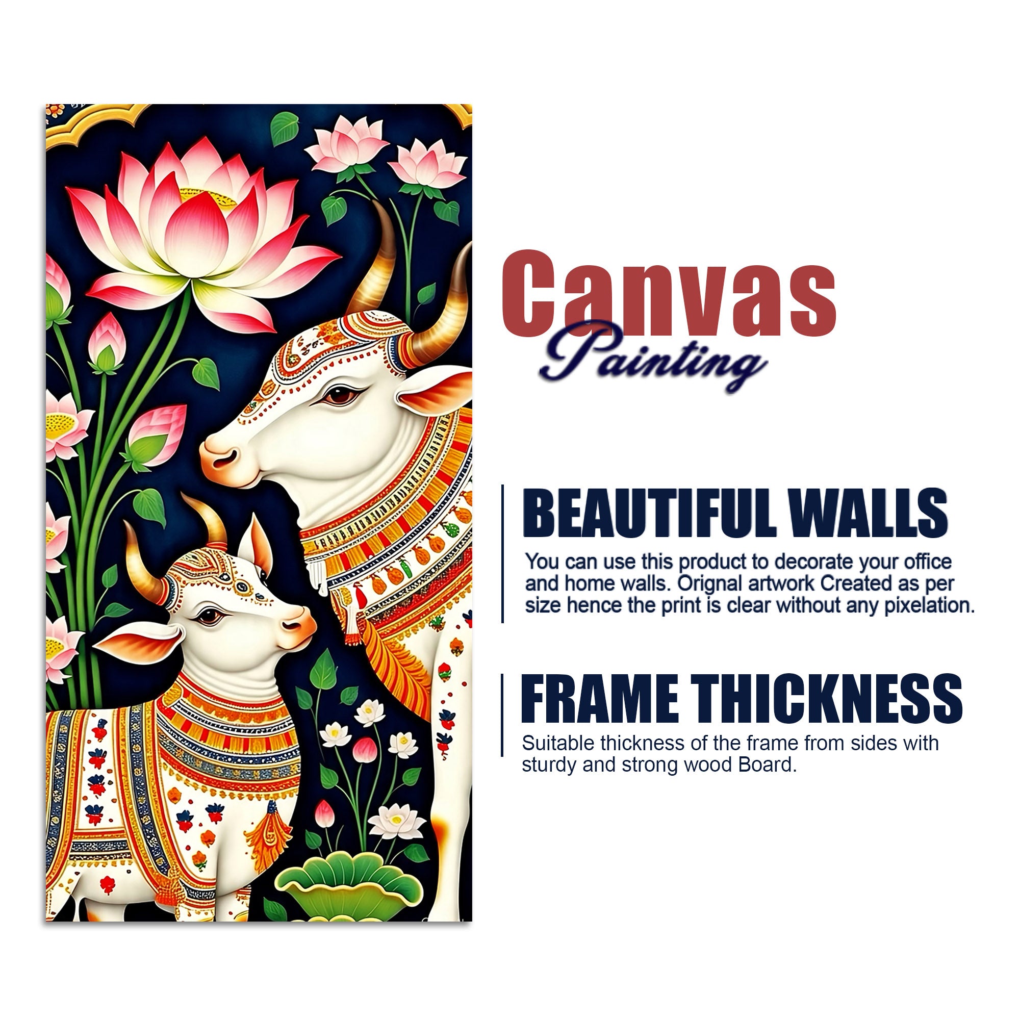 Pichwai Gau Mata Cow & Calf Canvas Wall Painting | Traditional Indian Cow Painting for Home