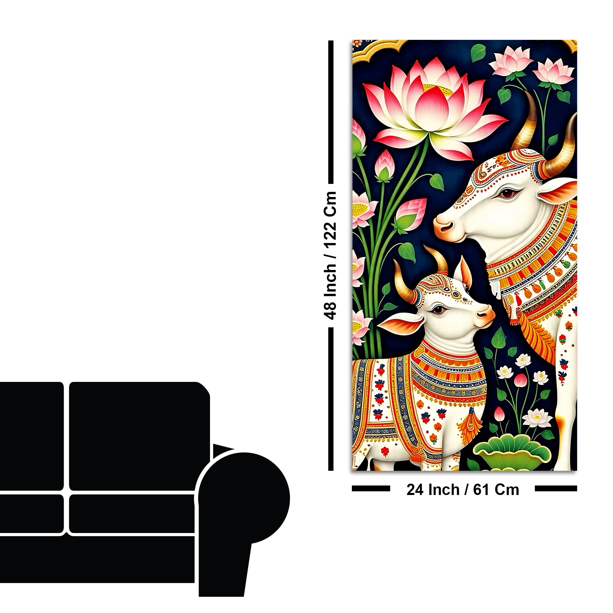 Pichwai Gau Mata Cow & Calf Canvas Wall Painting | Traditional Indian Cow Painting for Home