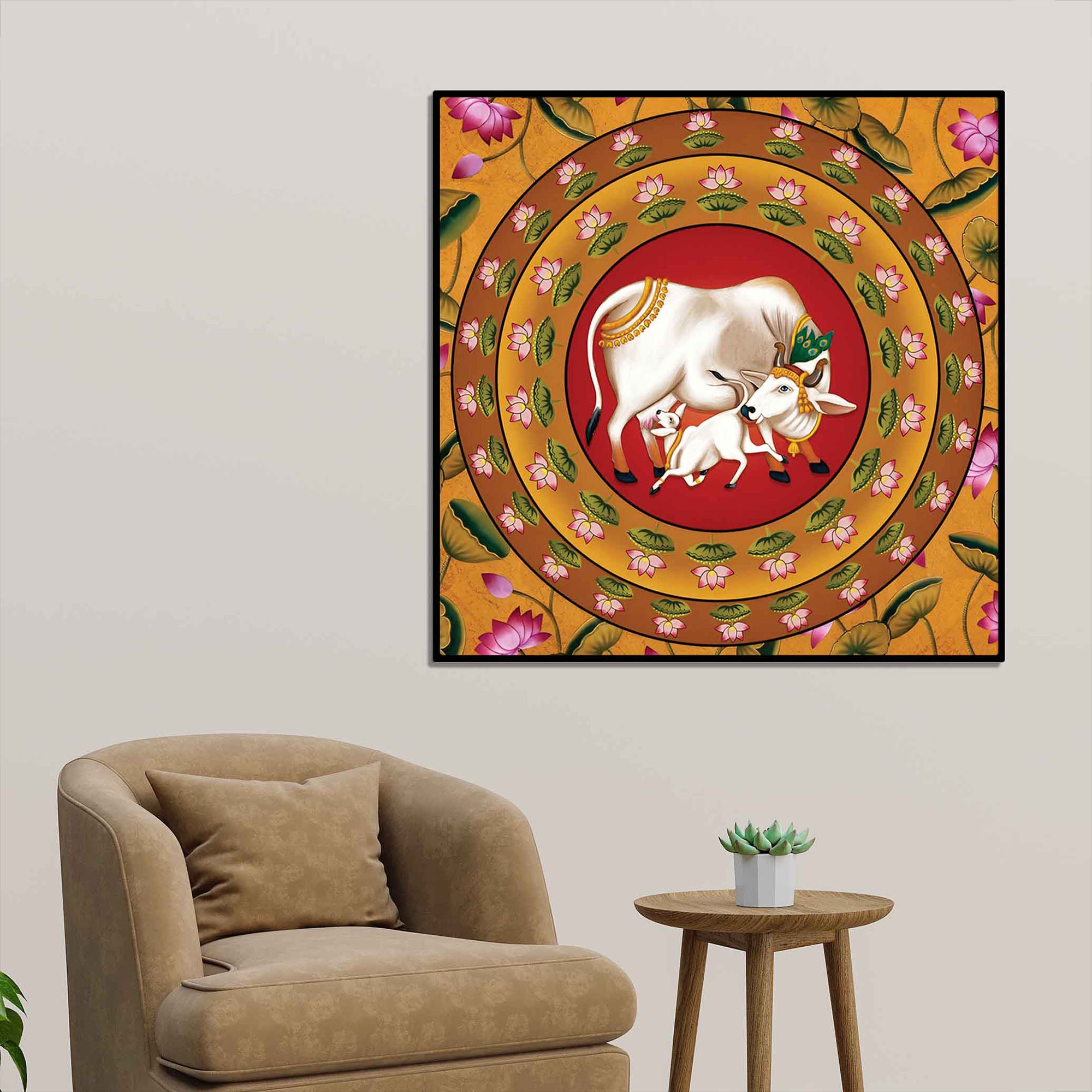 Pichwai Kamdhenu Cow and Calf Canvas Painting | Indian Home Décor
