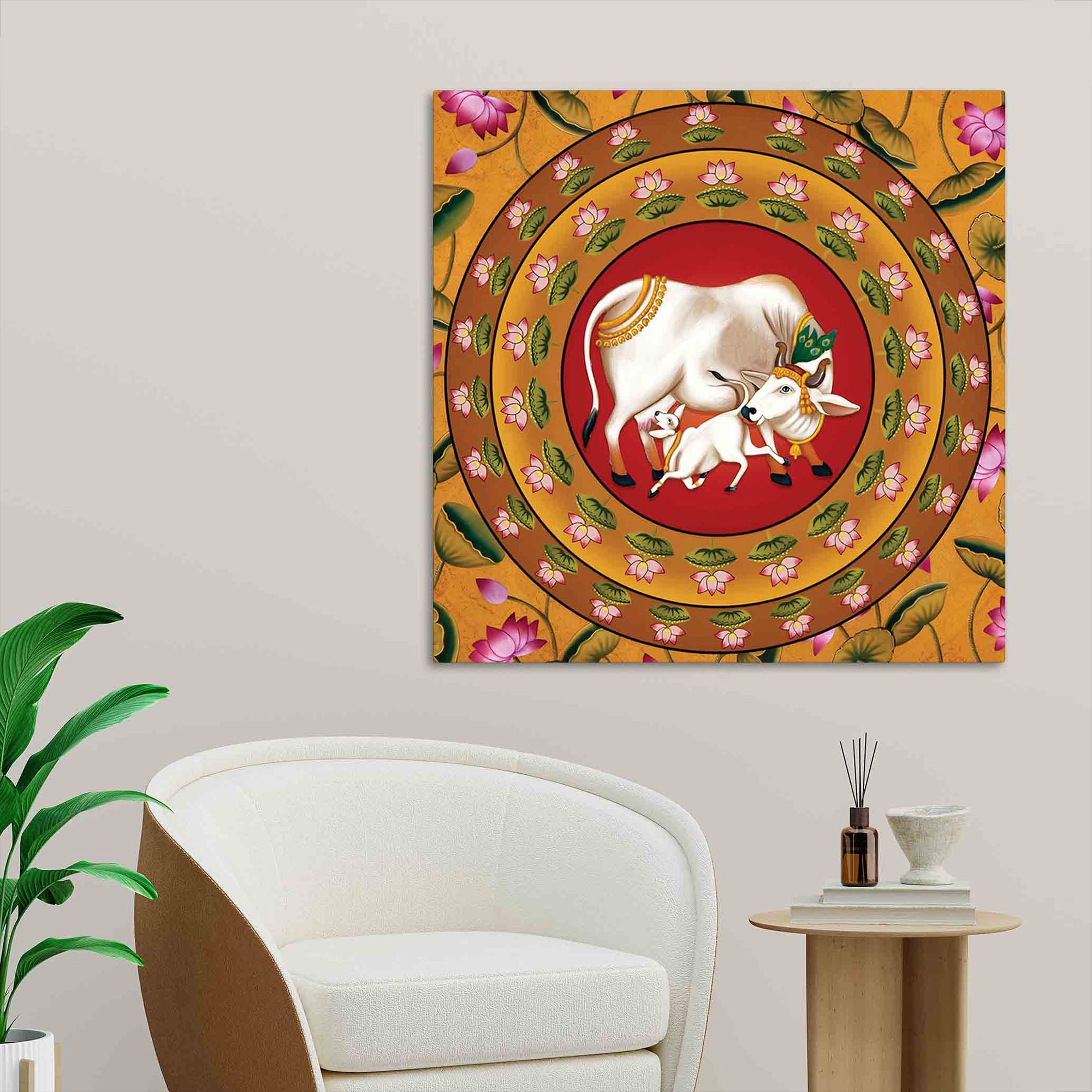 Pichwai Kamdhenu Cow and Calf Canvas Painting | Indian Home Décor