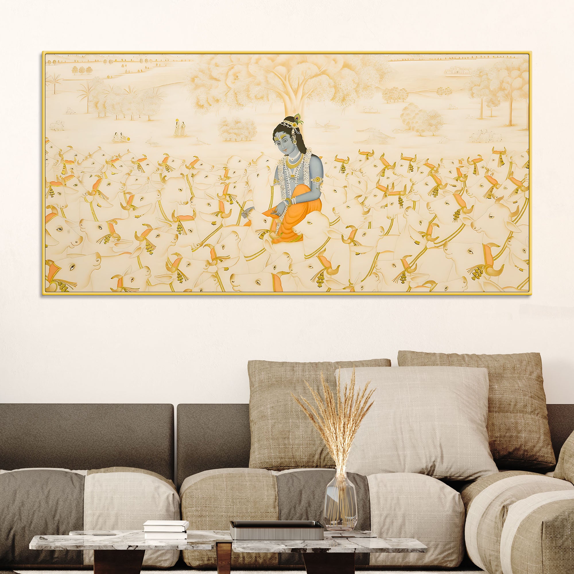 Pichwai Krishna Cow Scene Wall Painting | Luxury Spiritual Art