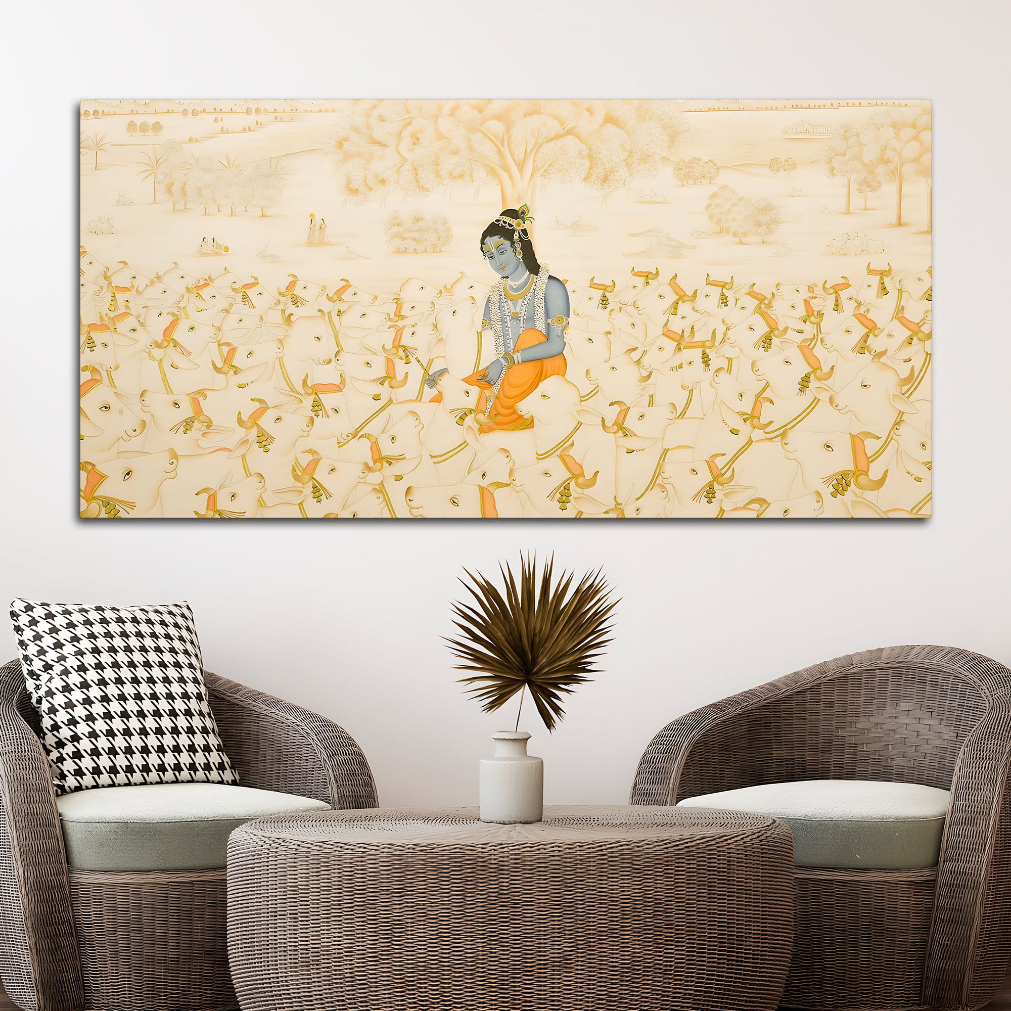 Pichwai Krishna Cow Scene Wall Painting | Luxury Spiritual Art