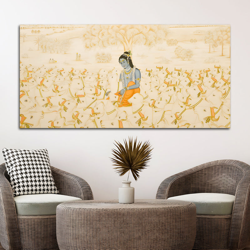 Pichwai Krishna Cow Scene Wall Painting | Luxury Spiritual Art
