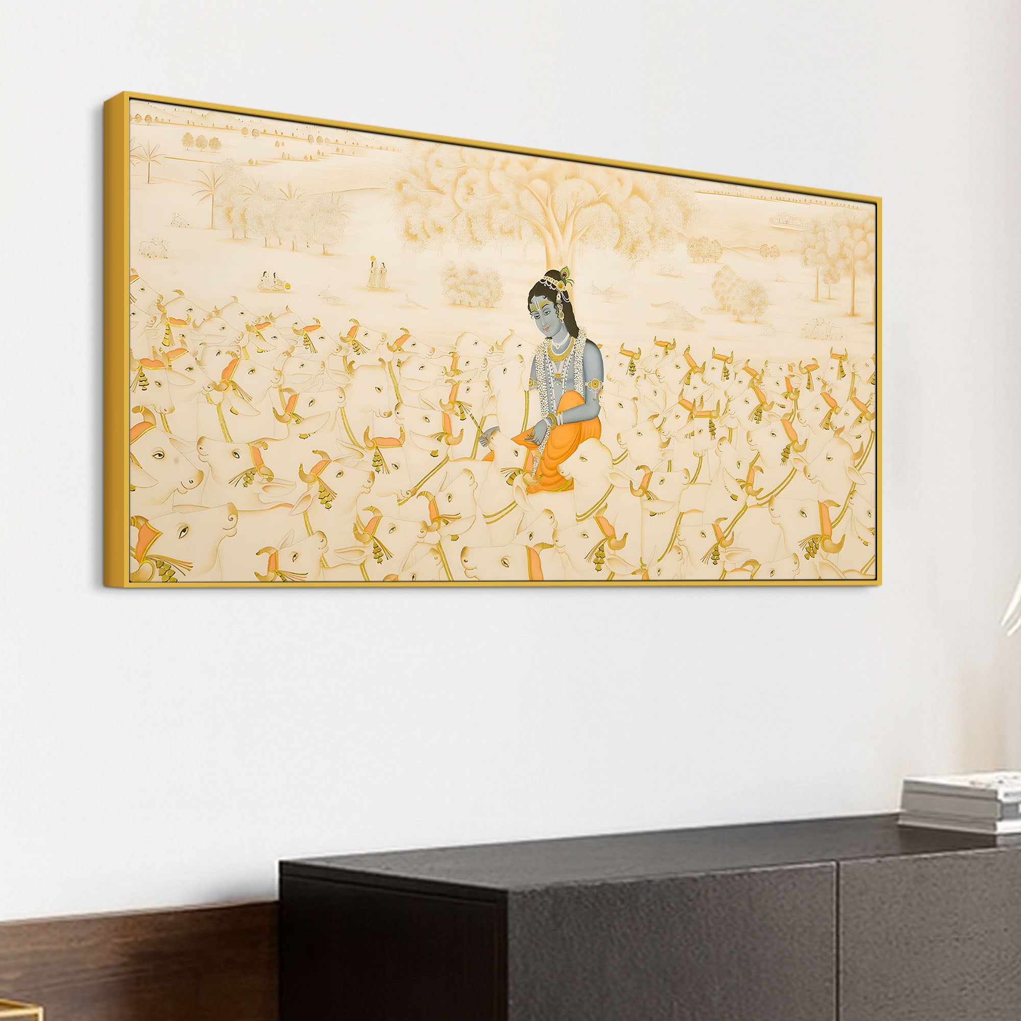 Pichwai Krishna Cow Scene Wall Painting | Luxury Spiritual Art