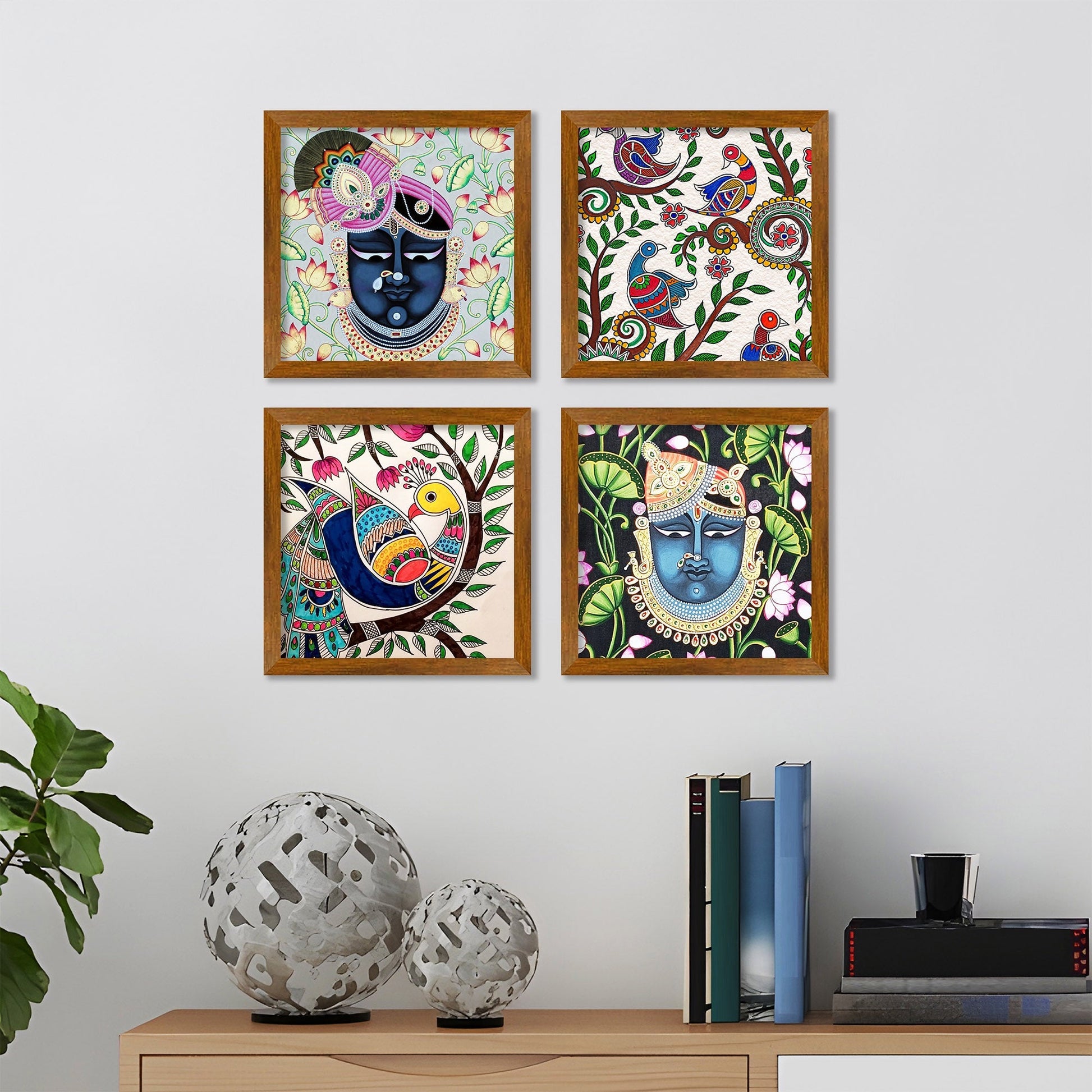 Pichwai Krishna Designer Art Wooden Wall Frame Set of Four