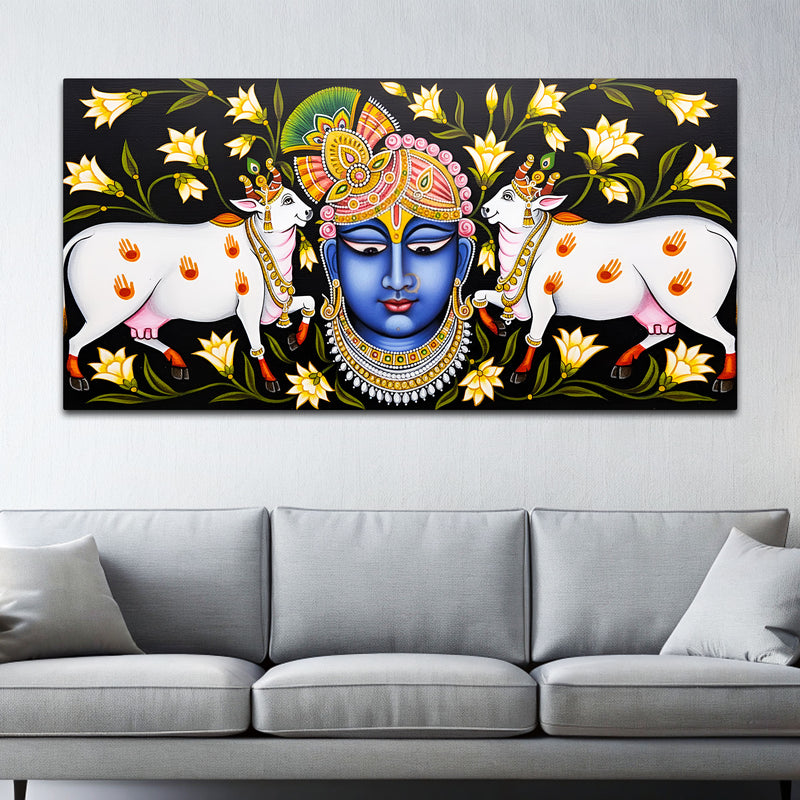 Pichwai Shrinath ji Face Painting | Sacred Cow Spiritual Wall Art