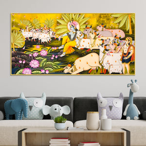 Pichwai Krishna with Sacred Cows Canvas Painting | Traditional Indian Wall Art