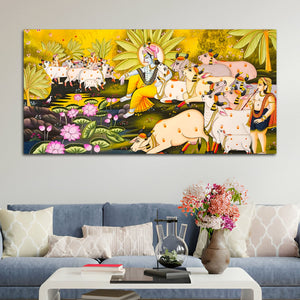 Pichwai Krishna with Sacred Cows Canvas Painting | Traditional Indian Wall Art