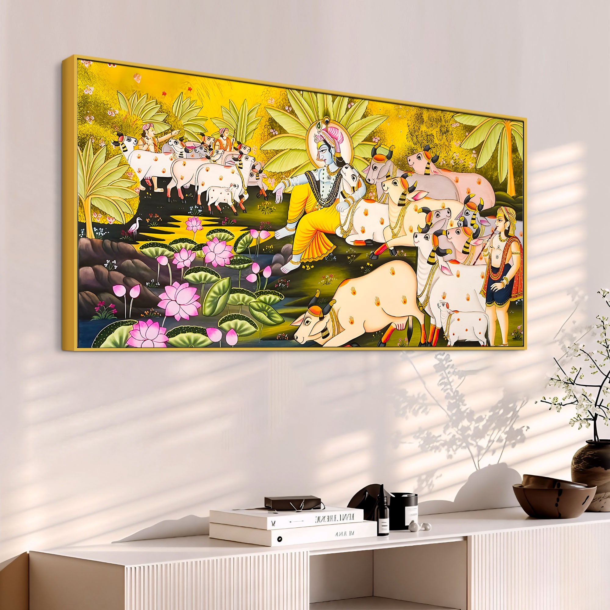 Pichwai Krishna with Sacred Cows Canvas Painting | Traditional Indian Wall Art