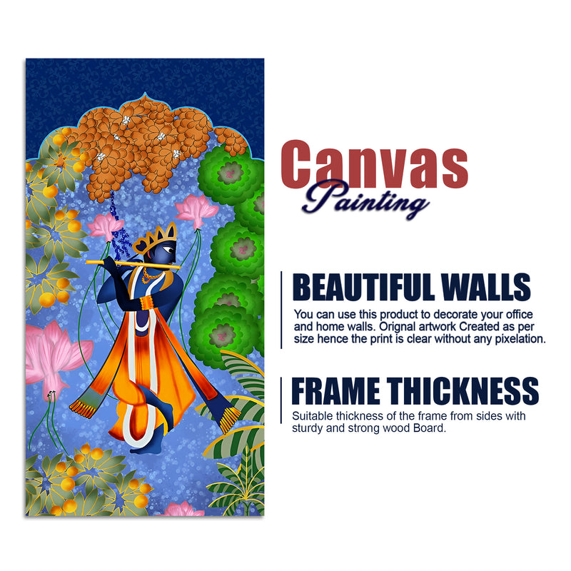 Pichwai Lord Krishna Flute Playing Canvas Wall Painting | Spiritual Indian Art for Home Décor