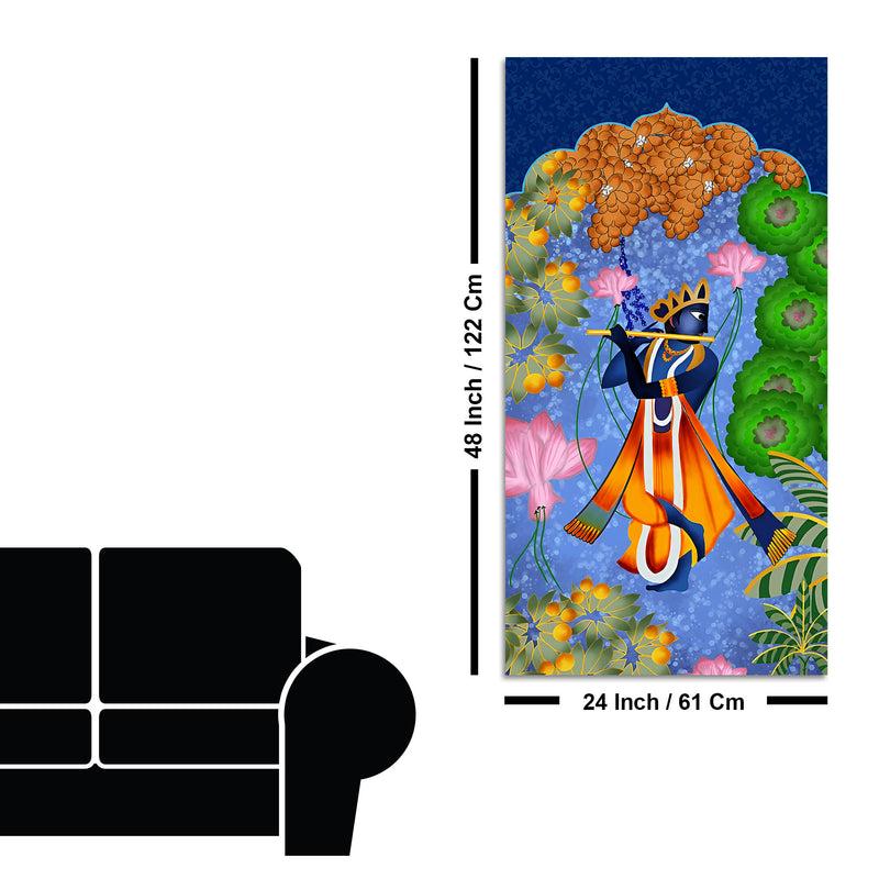 Pichwai Lord Krishna Flute Playing Canvas Wall Painting | Spiritual Indian Art for Home Décor