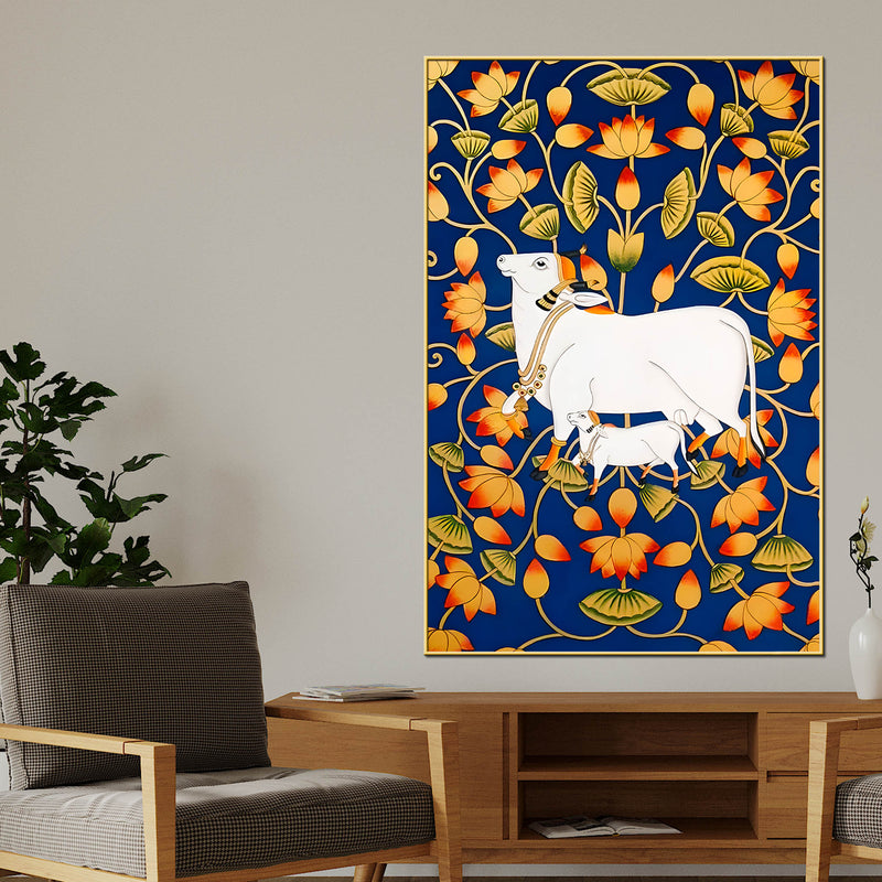 Pichwai Sacred Cow & Lotus Modern Canvas Wall Painting for Home Decor