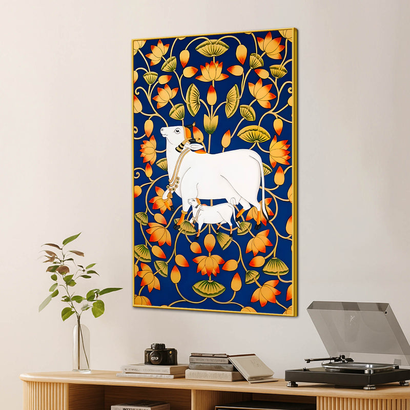 Pichwai Sacred Cow & Lotus Modern Canvas Wall Painting for Home Decor