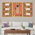 Pichwai Shrinath Ji and Sacred Cow Canvas Wall Painting Set of Three