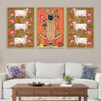 Pichwai Shrinath Ji and Sacred Cow Canvas Wall Painting Set of Three