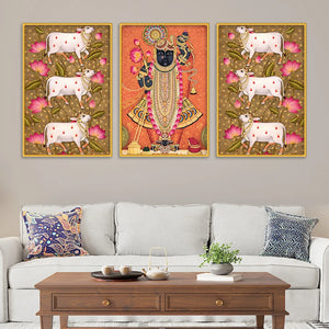 Pichwai Shrinath Ji and Sacred Cow Canvas Wall Painting Set of Three