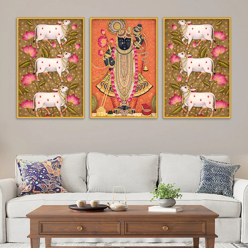 Pichwai Shrinath Ji and Sacred Cow Canvas Wall Painting Set of Three