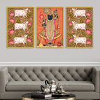 Pichwai Shrinath Ji and Sacred Cow Canvas Wall Painting Set of Three