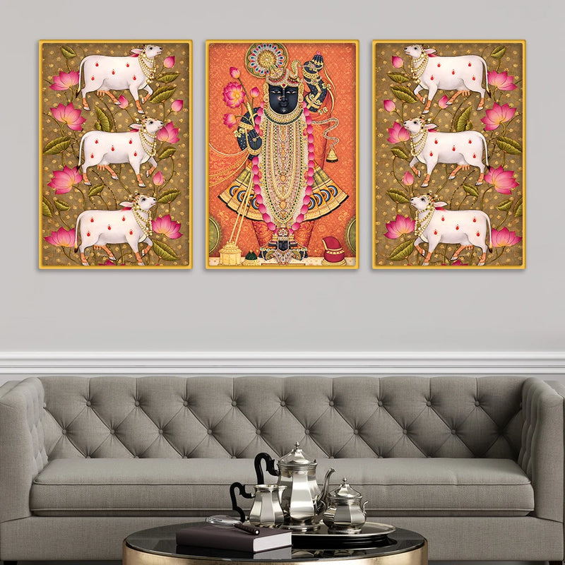 Pichwai Shrinath Ji and Sacred Cow Canvas Wall Painting Set of Three