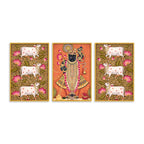 Pichwai Shrinath Ji and Sacred Cow Canvas Wall Painting Set of Three
