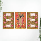 Pichwai Shrinath Ji and Sacred Cow Canvas Wall Painting Set of Three