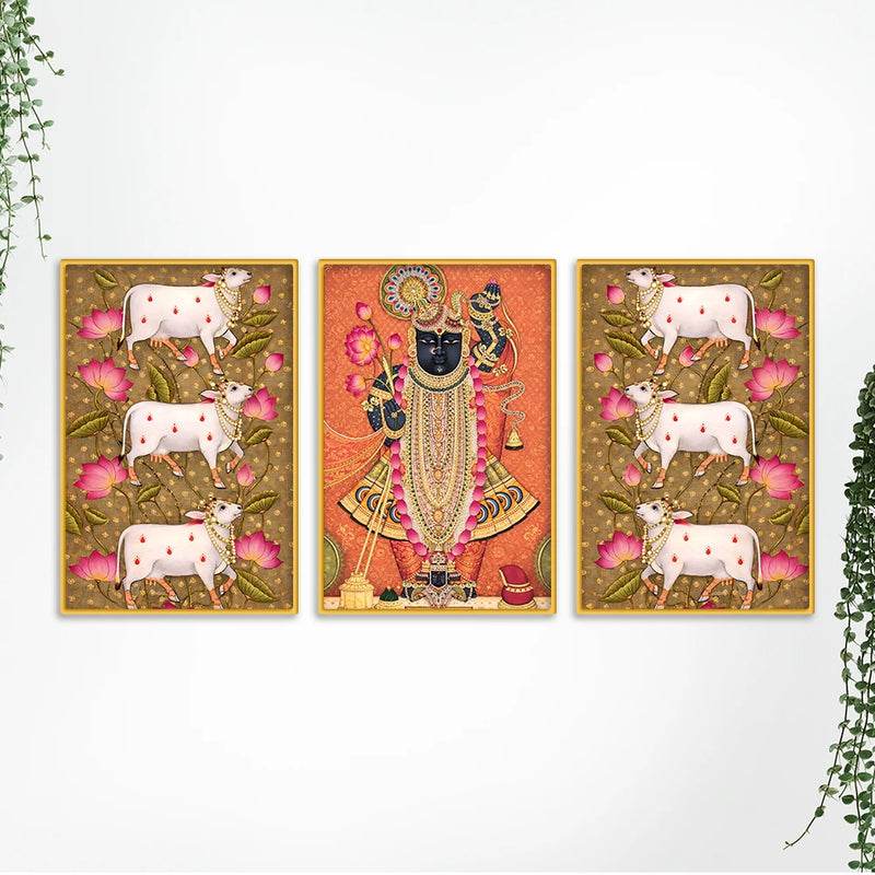 Pichwai Shrinath Ji and Sacred Cow Canvas Wall Painting Set of Three