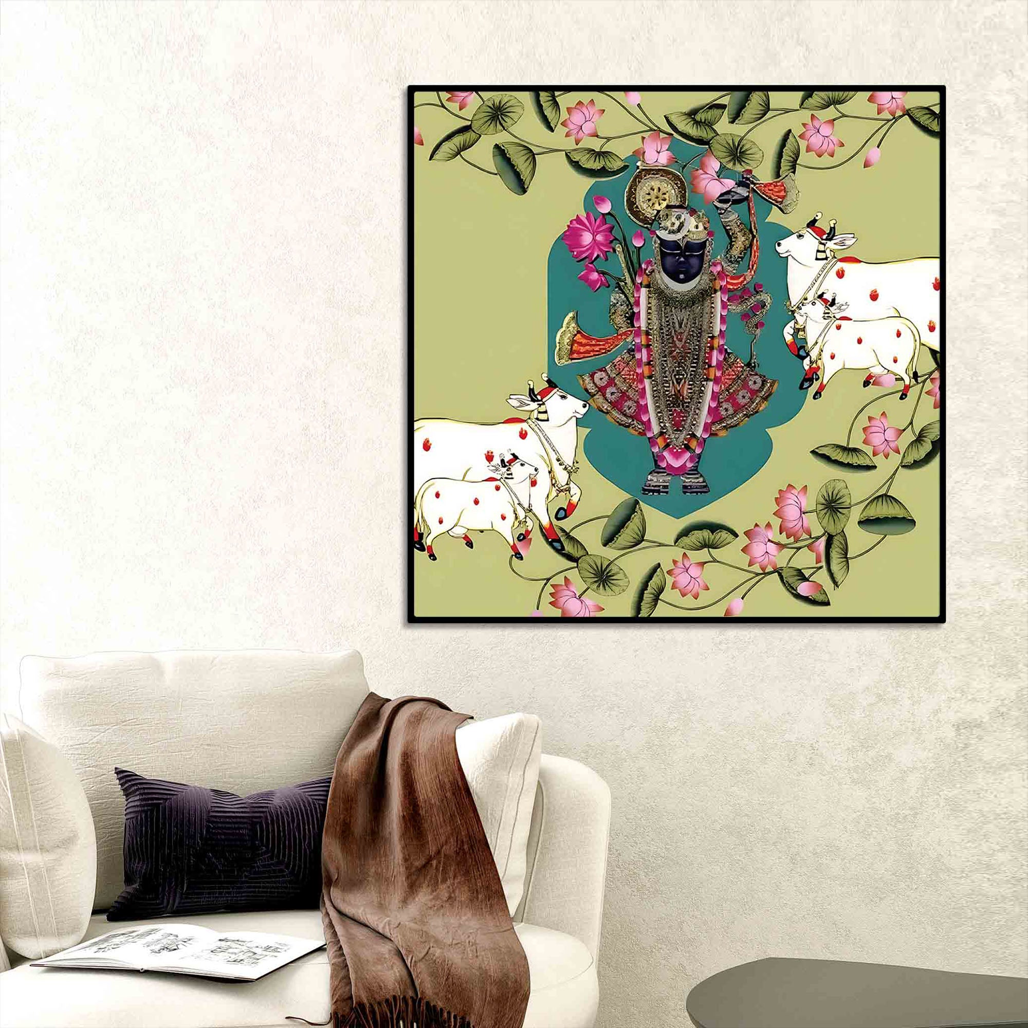 Pichwai Shrinathji with Cow Painting | Hindu Devotional Wall Art