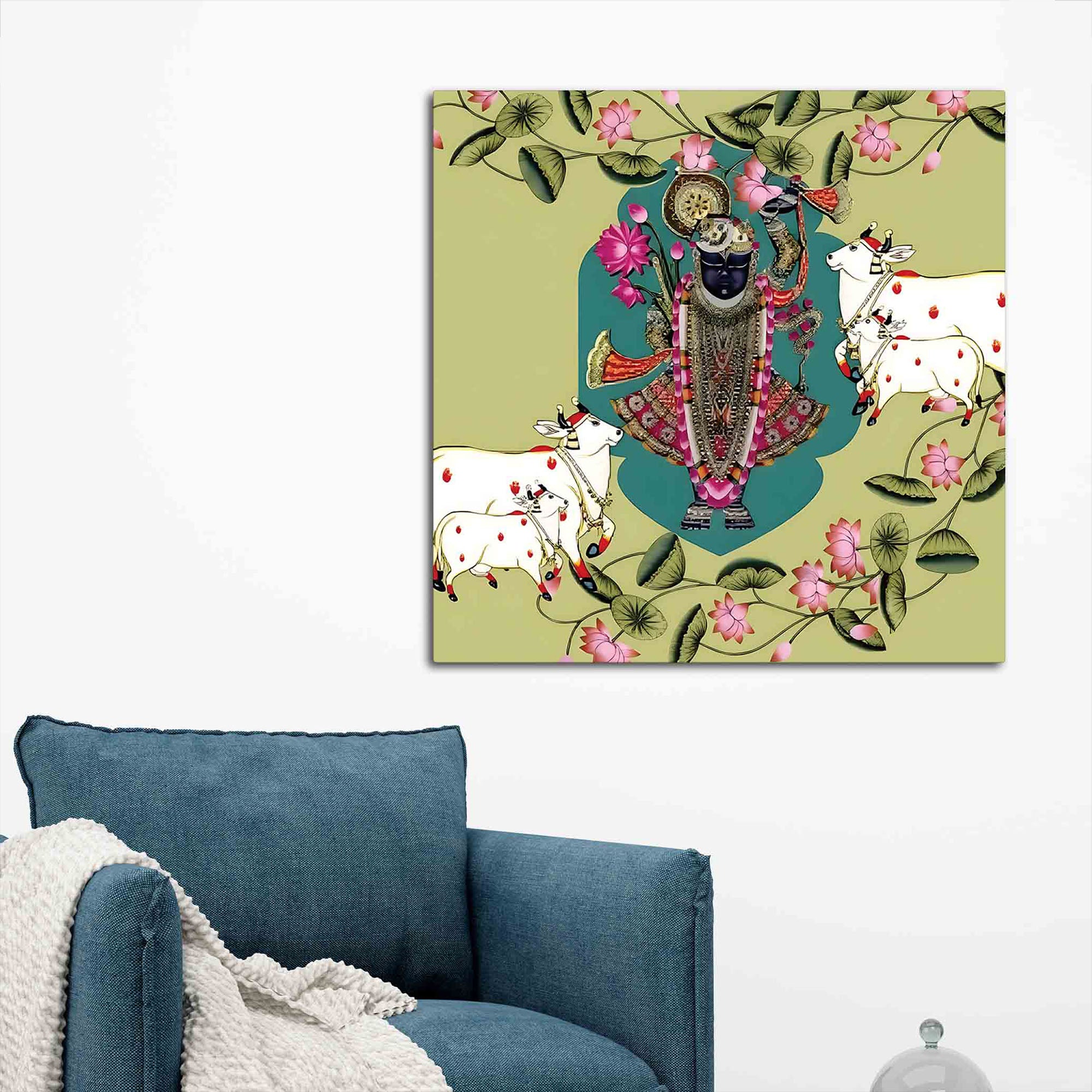 Pichwai Shrinathji with Cow Painting | Hindu Devotional Wall Art