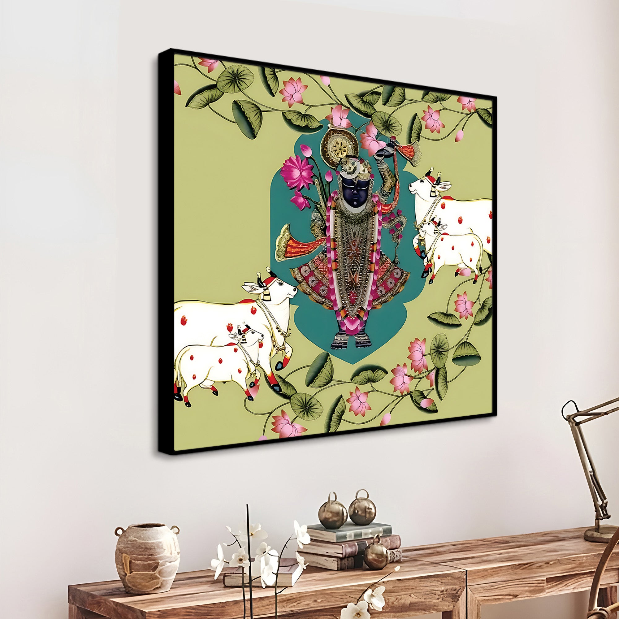Pichwai Shrinathji with Cow Painting | Hindu Devotional Wall Art