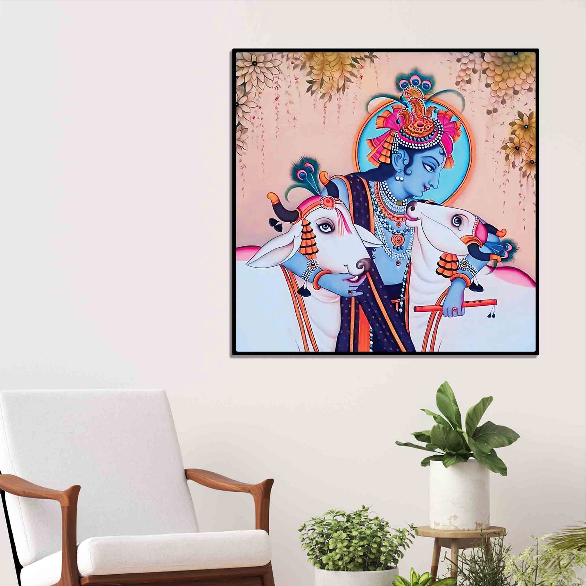 Pichwai Style Krishna Cow Canvas Painting | Hindu Wall Art