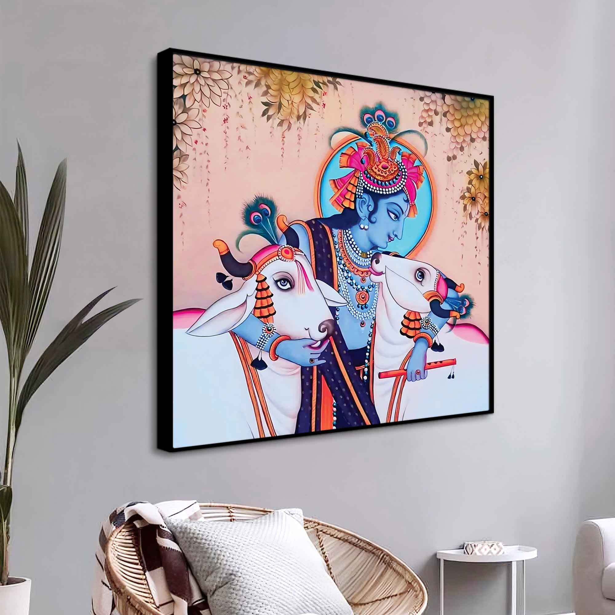 Pichwai Style Krishna Cow Canvas Painting | Hindu Wall Art