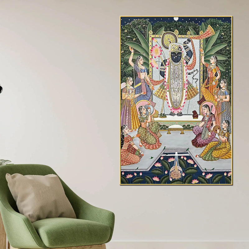Pichwai Style Shrinathji Krishna Artwork Religious Canvas Wall Painting for Home
