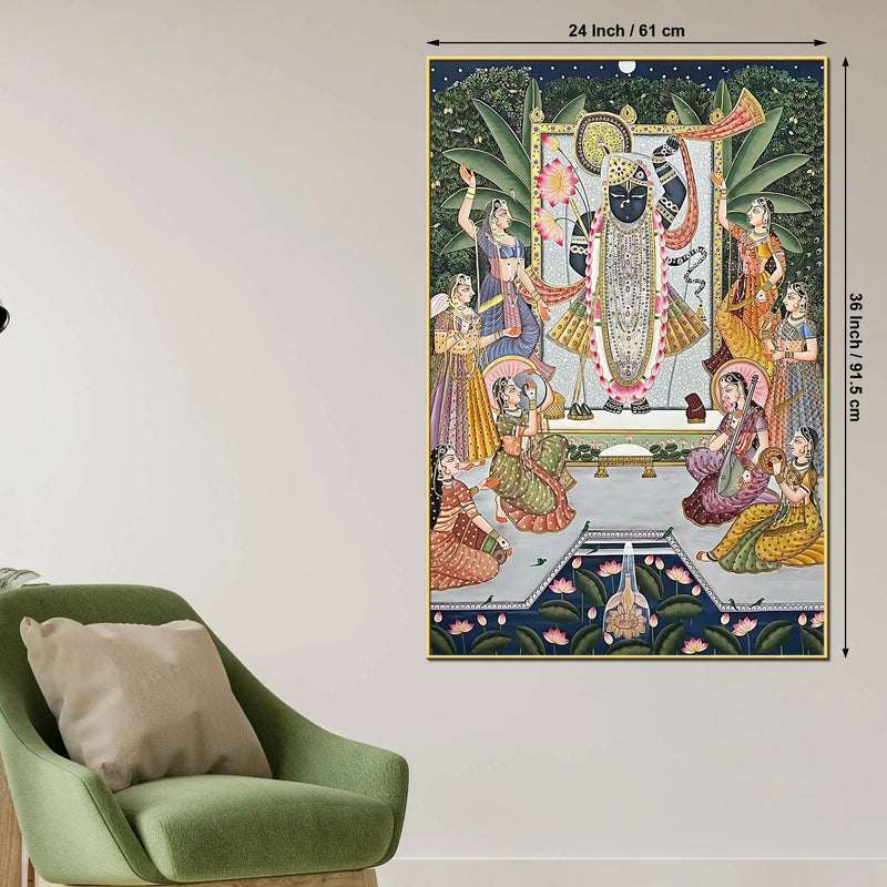 Pichwai Style Shrinathji Krishna Artwork Religious Canvas Wall Painting for Home