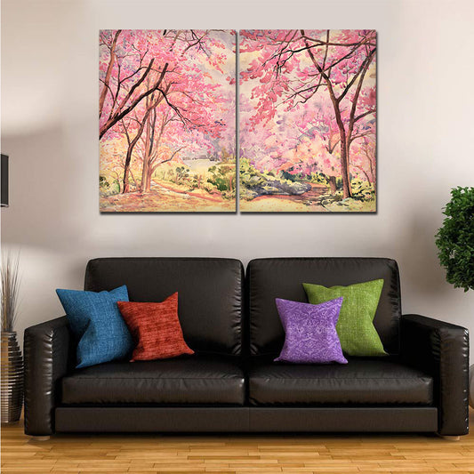 Pink Flower Trees Nature Forest Premium Bedroom Wall Painting