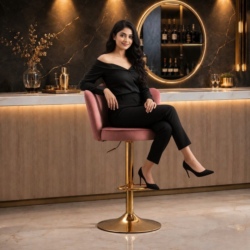 Pink Velvet Lounge Bar Stools with Glamorous Golden Frame