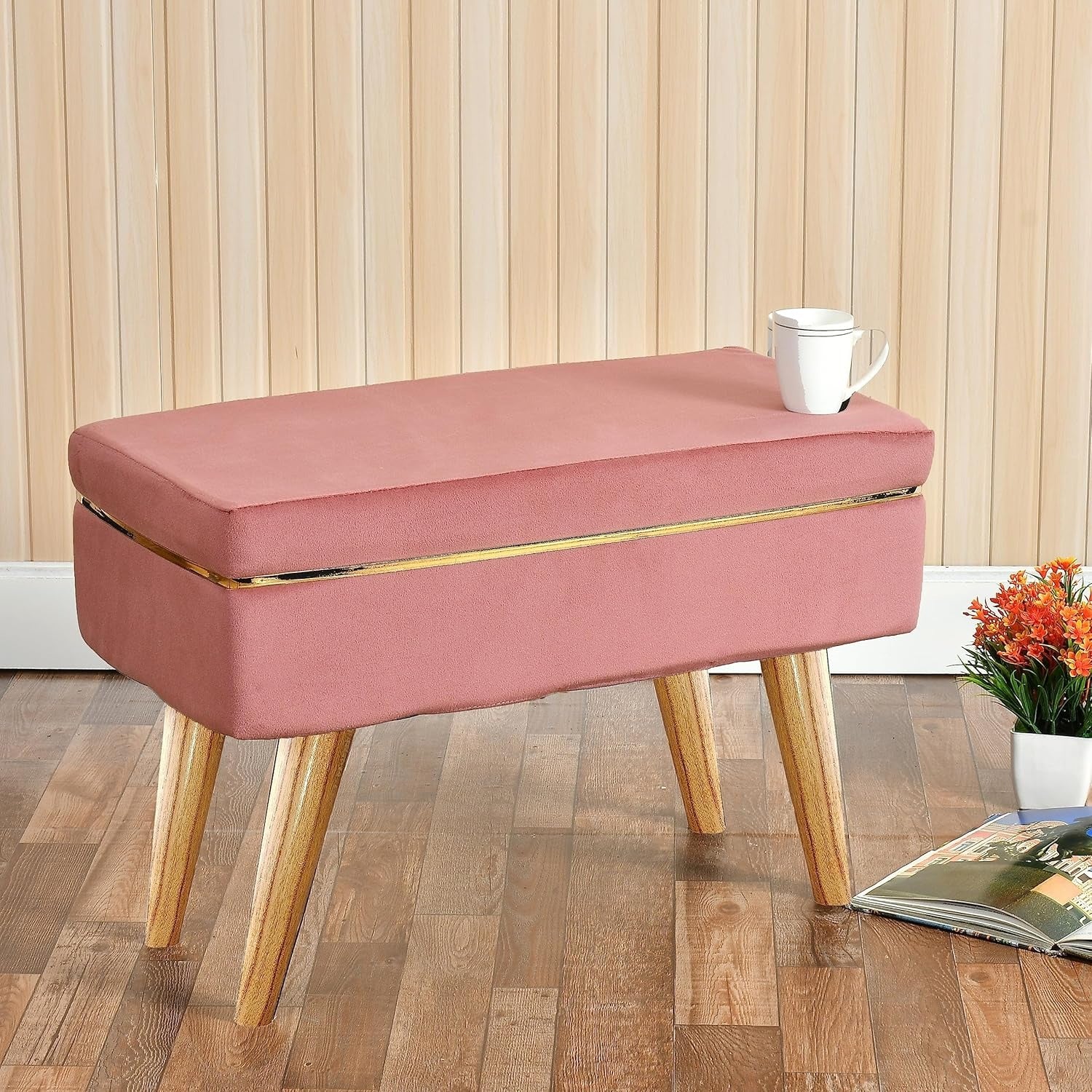 Pink Velvet Ottoman Bench with Golden Classic Legs