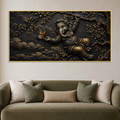 Playful Bal Ganesha with Butterfly Metallic Look 3D Canvas Wall Painting