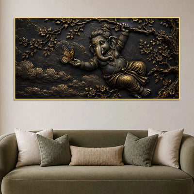 Playful Bal Ganesha with Butterfly Metallic Look 3D Canvas Wall Painting